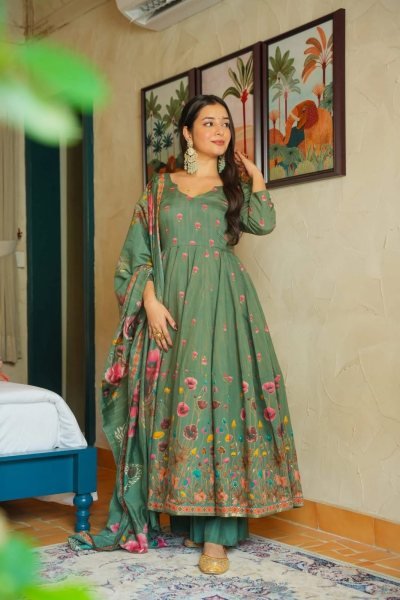 Refined Green Digital Floral Print Muslin Anarkali Kurta Set with Dupatta  Anarkali Kurtis 