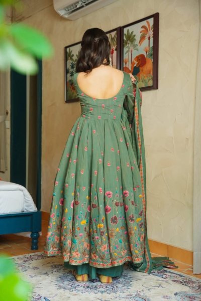 Refined Green Digital Floral Print Muslin Anarkali Kurta Set with Dupatta  Anarkali Kurtis 