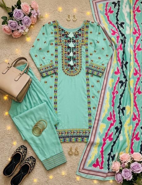 Refined Green Heavy Natural Silk Top Palazzo Set with Heavy Embroidery Work and Digital Print Dupatta Ready To Wear Collection