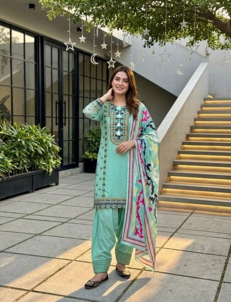 Refined Green Heavy Natural Silk Top Palazzo Set with Heavy Embroidery Work and Digital Print Dupatta Ready To Wear Collection