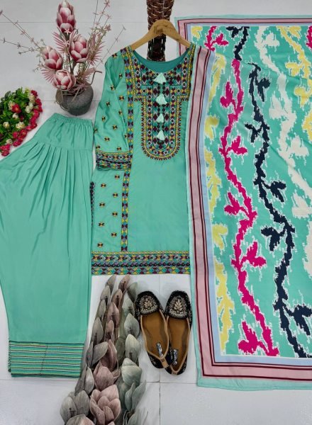 Refined Green Heavy Natural Silk Top Palazzo Set with Heavy Embroidery Work and Digital Print Dupatta Ready To Wear Collection