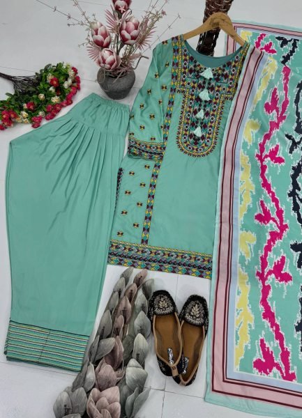 Refined Green Heavy Natural Silk Top Palazzo Set with Heavy Embroidery Work and Digital Print Dupatta Ready To Wear Collection