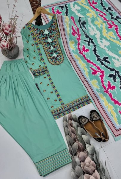 Refined Green Heavy Natural Silk Top Palazzo Set with Heavy Embroidery Work and Digital Print Dupatta Ready To Wear Collection