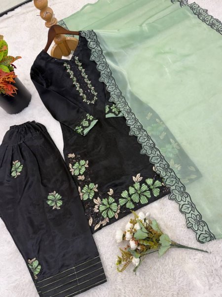 Refined Green Heavy Work Suit Set with Farshi Pant for Special Occasions Ready To Wear Collection