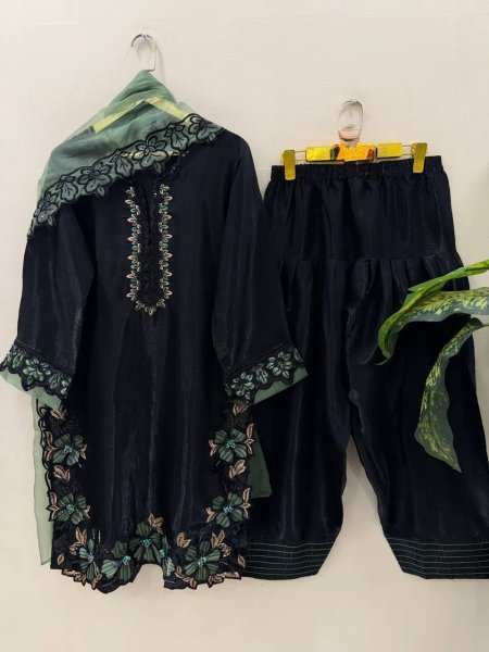 Refined Green Heavy Work Suit Set with Farshi Pant for Special Occasions Ready To Wear Collection