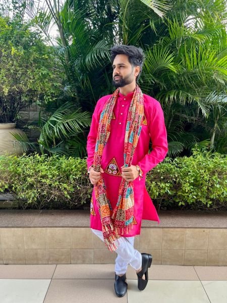 Refined Hot Pink Traditional Kutchi Work Cotton Kurta for Navratri and Festive Celebrations