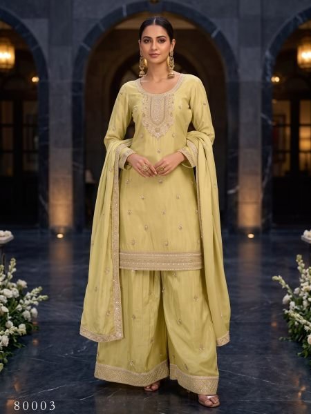 Refined Lemon Yellow Designer Chinnon Suit Set with Coordinated Beads Work and Butti Dupatta 