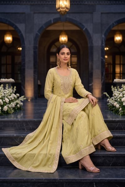 Refined Lemon Yellow Designer Chinnon Suit Set with Coordinated Beads Work and Butti Dupatta Designer Plazzo Salwar Suits Wholesale