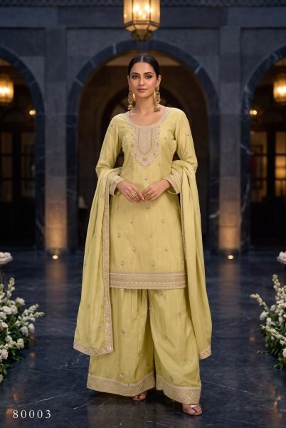 Refined Lemon Yellow Designer Chinnon Suit Set with Coordinated Beads Work and Butti Dupatta Designer Plazzo Salwar Suits Wholesale