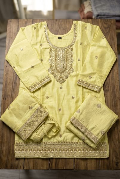Refined Lemon Yellow Designer Chinnon Suit Set with Coordinated Beads Work and Butti Dupatta Designer Plazzo Salwar Suits Wholesale