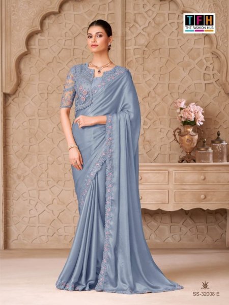 Refined Light Blue Gold Shimmer Satin Georgette Saree From TFH Collection  