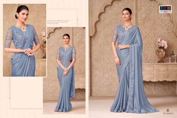 Refined Light Blue Gold Shimmer Satin Georgette Saree From TFH Collection  Designer Wedding Sarees Wholesale