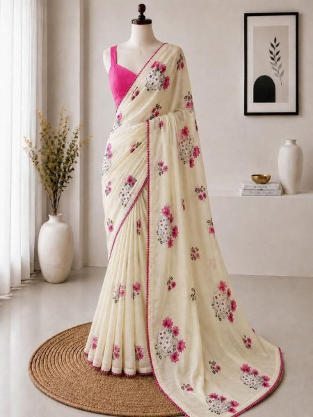 Refined Light Yellow Women's Kota Checks Saree with Multicolor Embroidery for Festive Wear Sarees 