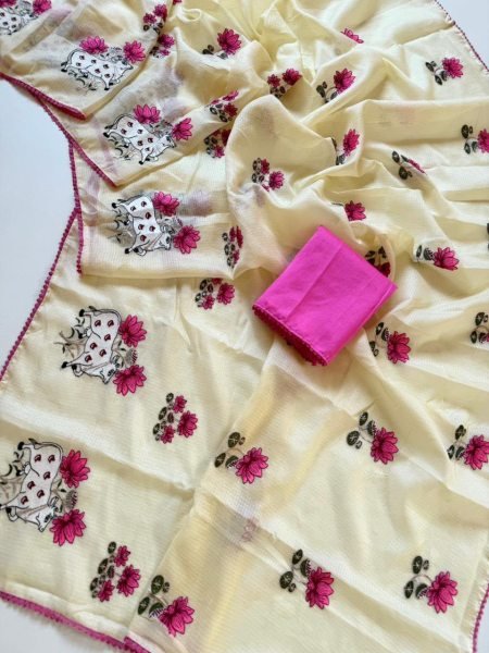 Refined Light Yellow Women's Kota Checks Saree with Multicolor Embroidery for Festive Wear Embroidery Sarees Wholesale