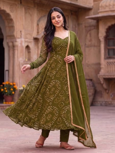 Refined Mahendi Green Fully Stitched Bandhani Anarkali Suit with Double Flair at Manufacturer  Kurtis