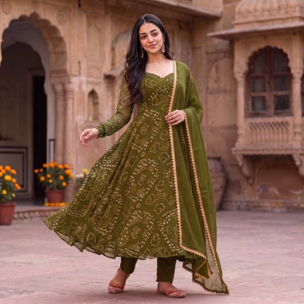 Refined Mahendi Green Fully Stitched Bandhani Anarkali Suit with Double Flair at Manufacturer  Anarkali Kurtis 