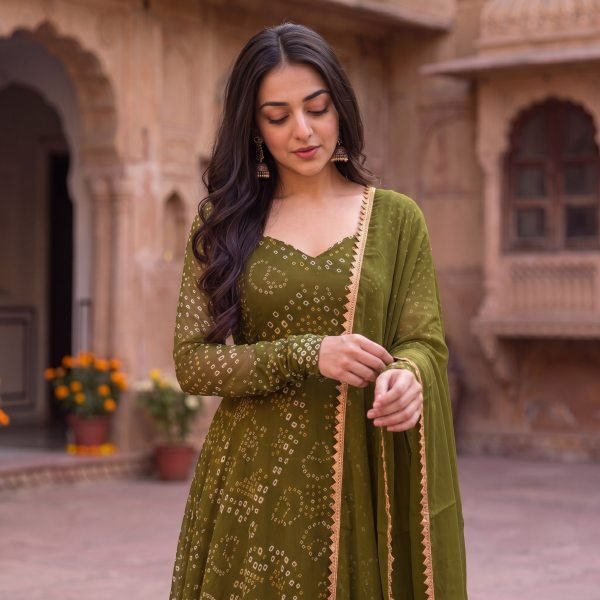 Refined Mahendi Green Fully Stitched Bandhani Anarkali Suit with Double Flair at Manufacturer  Anarkali Kurtis 