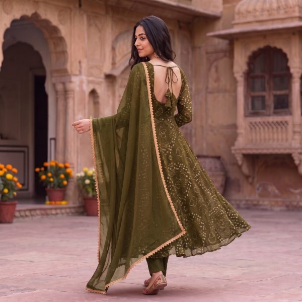 Refined Mahendi Green Fully Stitched Bandhani Anarkali Suit with Double Flair at Manufacturer  Anarkali Kurtis 