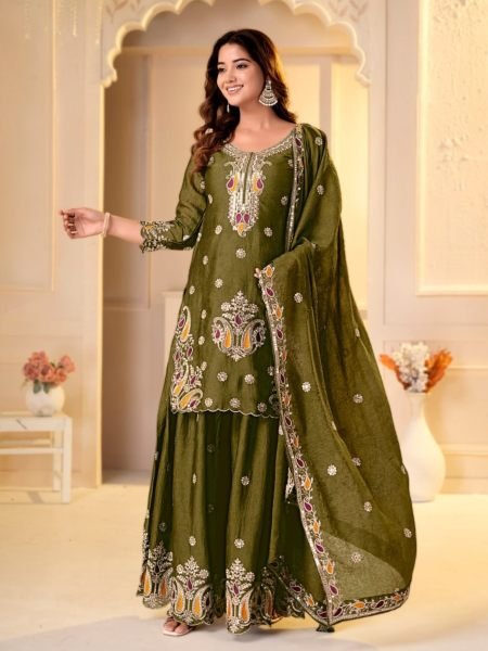 Refined Mahendi Green Party Wear Rangoli Crush Sharara Set with Multi Embroidery Work 