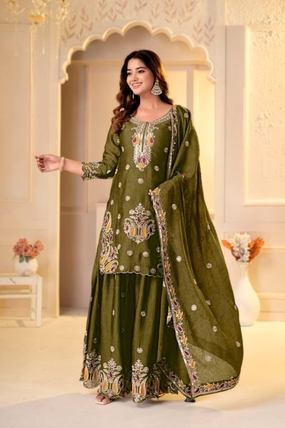 Refined Mahendi Green Party Wear Rangoli Crush Sharara Set with Multi Embroidery Work Ready To Wear Collection