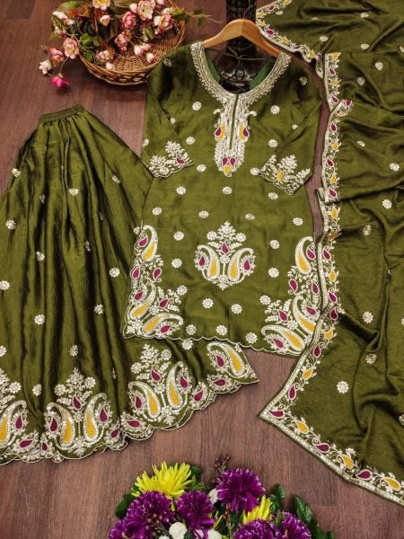 Refined Mahendi Green Party Wear Rangoli Crush Sharara Set with Multi Embroidery Work Ready To Wear Collection
