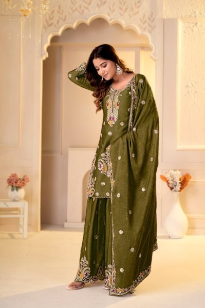 Refined Mahendi Green Party Wear Rangoli Crush Sharara Set with Multi Embroidery Work Ready To Wear Collection