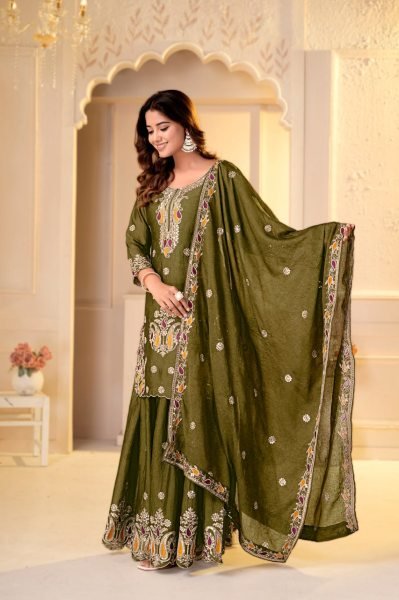 Refined Mahendi Green Party Wear Rangoli Crush Sharara Set with Multi Embroidery Work Ready To Wear Collection