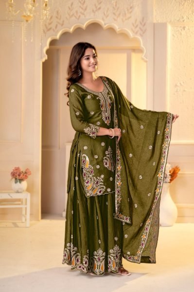 Refined Mahendi Green Party Wear Rangoli Crush Sharara Set with Multi Embroidery Work Ready To Wear Collection