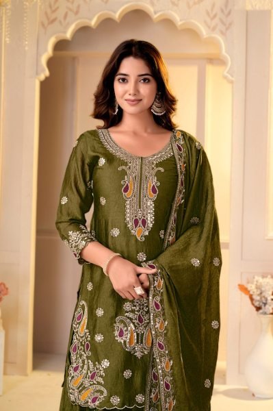 Refined Mahendi Green Party Wear Rangoli Crush Sharara Set with Multi Embroidery Work Ready To Wear Collection
