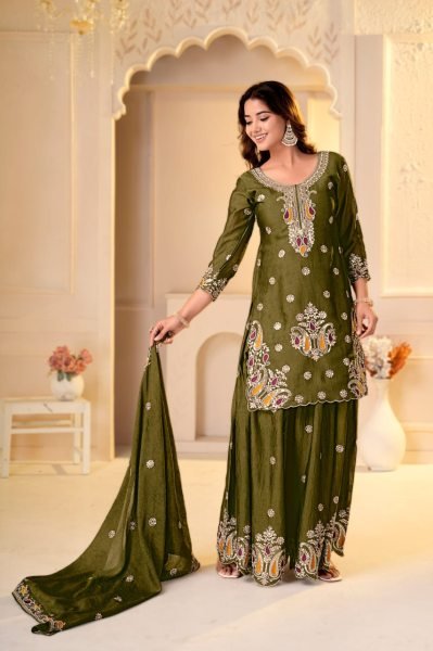 Refined Mahendi Green Party Wear Rangoli Crush Sharara Set with Multi Embroidery Work Ready To Wear Collection