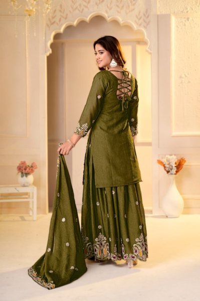 Refined Mahendi Green Party Wear Rangoli Crush Sharara Set with Multi Embroidery Work Ready To Wear Collection