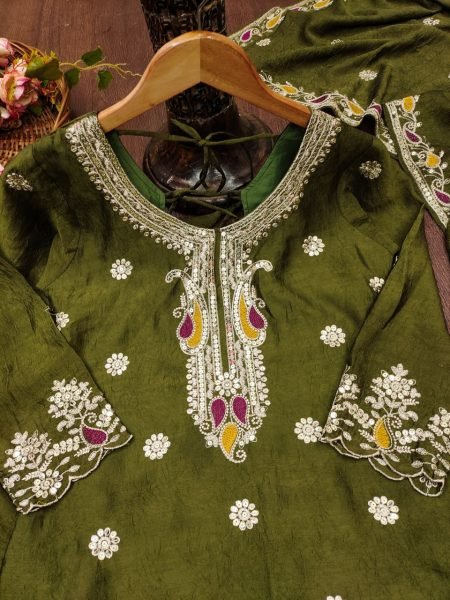 Refined Mahendi Green Party Wear Rangoli Crush Sharara Set with Multi Embroidery Work Ready To Wear Collection