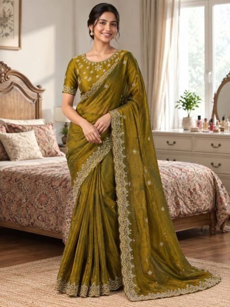 Refined Mahendi Green Space Soft Silk Saree with Swarovski Diamond and Lace Work 
