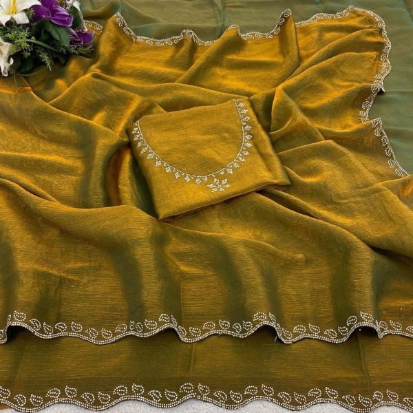 Refined Mahendi Green Space Soft Silk Saree with Swarovski Diamond and Lace Work Silk Sarees Wholesale