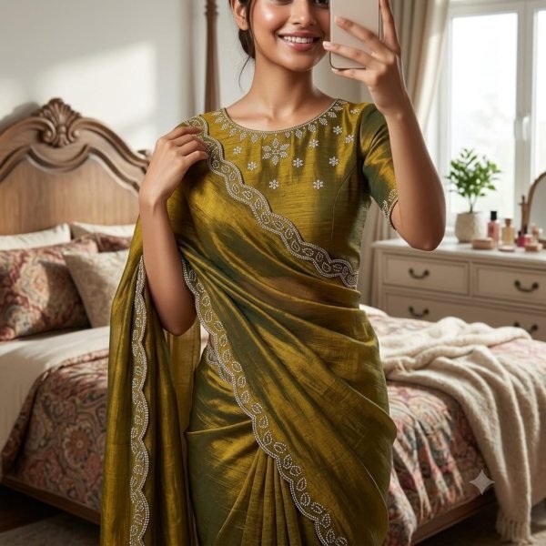 Refined Mahendi Green Space Soft Silk Saree with Swarovski Diamond and Lace Work Silk Sarees Wholesale