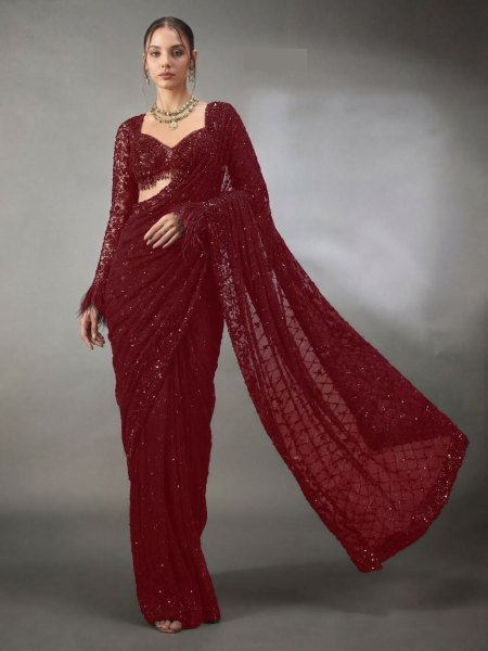 Refined Maroon Bollywood Saree with Multy Embroidery Work for Wedding Functions Sarees 