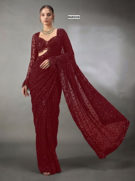 Refined Maroon Bollywood Saree with Multy Embroidery Work for Wedding Functions Bollywood Fancy Sarees Wholesale