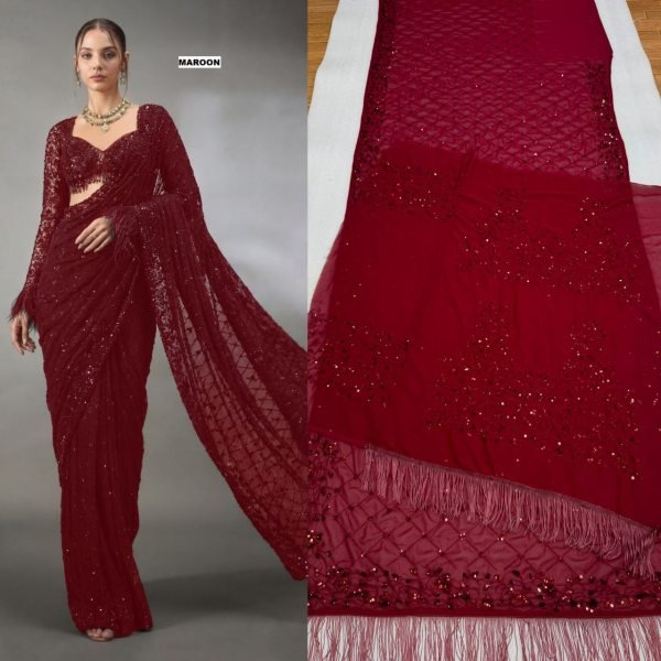 Refined Maroon Bollywood Saree with Multy Embroidery Work for Wedding Functions Bollywood Fancy Sarees Wholesale