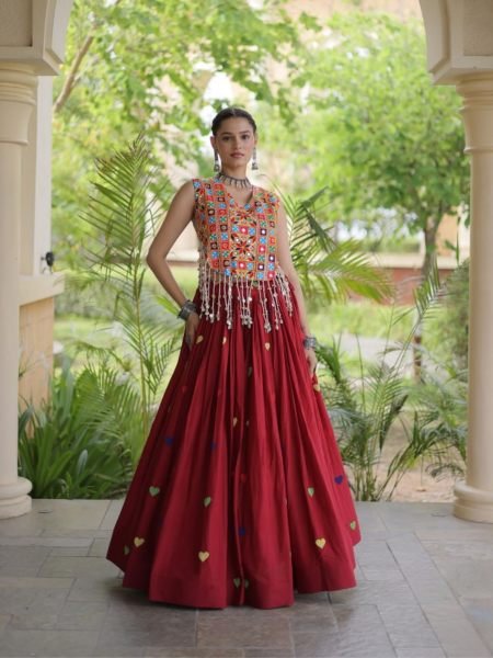 Refined Maroon Cotton Chaniya Choli with Heart Thread Embroidery for Garba Night  Lehenga