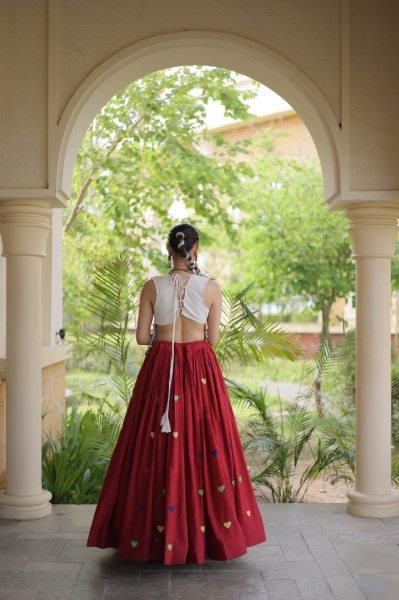 Refined Maroon Cotton Chaniya Choli with Heart Thread Embroidery for Garba Night Navratri Lehnega Choli