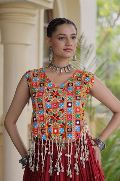Refined Maroon Cotton Chaniya Choli with Heart Thread Embroidery for Garba Night Navratri Lehnega Choli