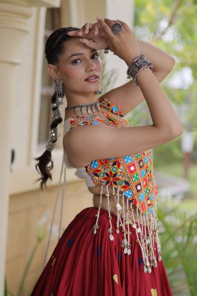 Refined Maroon Cotton Chaniya Choli with Heart Thread Embroidery for Garba Night Navratri Lehnega Choli