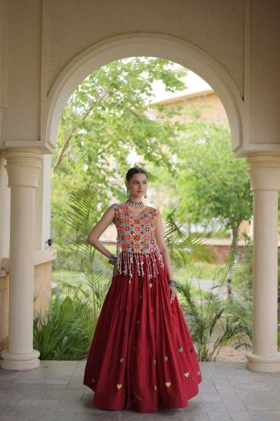 Refined Maroon Cotton Chaniya Choli with Heart Thread Embroidery for Garba Night Navratri Lehnega Choli