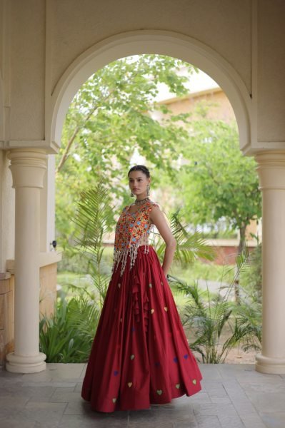 Refined Maroon Cotton Chaniya Choli with Heart Thread Embroidery for Garba Night Navratri Lehnega Choli