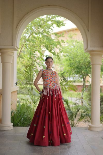 Refined Maroon Cotton Chaniya Choli with Heart Thread Embroidery for Garba Night Navratri Lehnega Choli