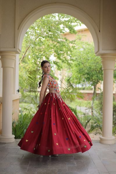 Refined Maroon Cotton Chaniya Choli with Heart Thread Embroidery for Garba Night Navratri Lehnega Choli