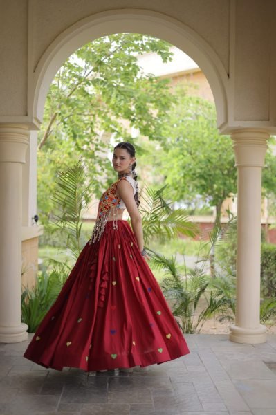Refined Maroon Cotton Chaniya Choli with Heart Thread Embroidery for Garba Night Navratri Lehnega Choli