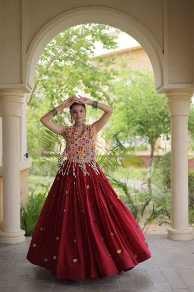 Refined Maroon Cotton Chaniya Choli with Heart Thread Embroidery for Garba Night Navratri Lehnega Choli