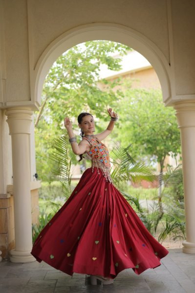 Refined Maroon Cotton Chaniya Choli with Heart Thread Embroidery for Garba Night Navratri Lehnega Choli