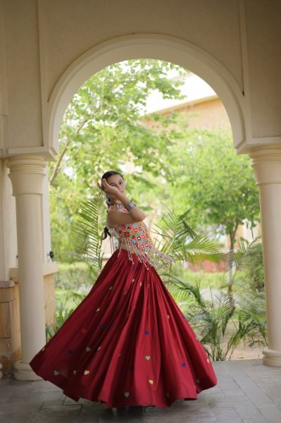 Refined Maroon Cotton Chaniya Choli with Heart Thread Embroidery for Garba Night Navratri Lehnega Choli